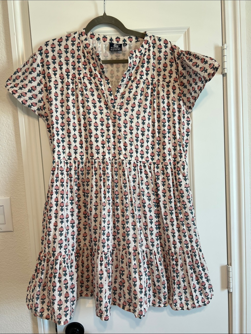 Maeve Pink Floral Tiered Short-Sleeve Dress